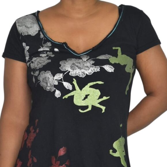 Desigual Cirque du Soleil Tee Black Foil Metallic Sharkbite T Shirt Size Small - Picture 4 of 15